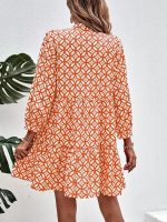 Unique 3/4 Sleeve Print Orange Mini Dress - Image 2