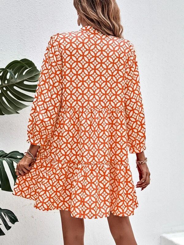 081DC218-5AB4-4e44-B286-ED800ADCEC83.jpg Unique 3/4 Sleeve Print Orange Mini Dress - Image 2