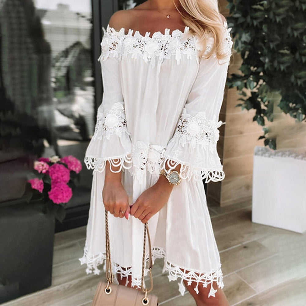 245.jpg SImple White Off the Shoulder Mini Dress - Image 1