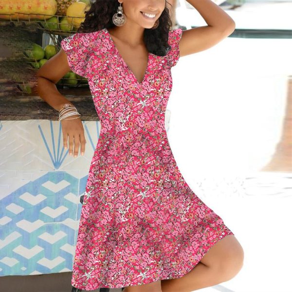 Rose Red Short Sleeve Print Mini Dress