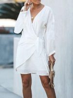 White Long Sleeved Tie Side Wrap Summer Mini Dress - Image 4