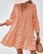 Unique 3/4 Sleeve Print Orange Mini Dress - Image 4