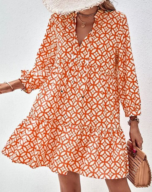 3c817a084f6e18acb0b17185979f23e2.jpg Unique 3/4 Sleeve Print Orange Mini Dress - Image 4