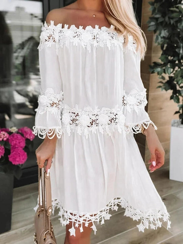 4720fa7ed55aaa13b70030a3f50bd2aa.jpg SImple White Off the Shoulder Mini Dress - Image 2