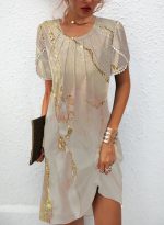Champagne Print Round Neck Mini Dress - Image 2
