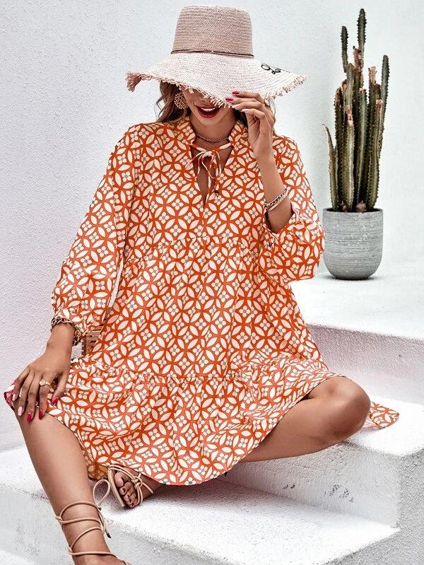 73219A0B-F7FB-4159-93EB-E343F2FEDD99.jpg Unique 3/4 Sleeve Print Orange Mini Dress - Image 3