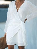 White Long Sleeved Tie Side Wrap Summer Mini Dress - Image 6