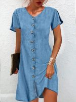 Blue Short Sleeve Plain Mini Dress - Image 2