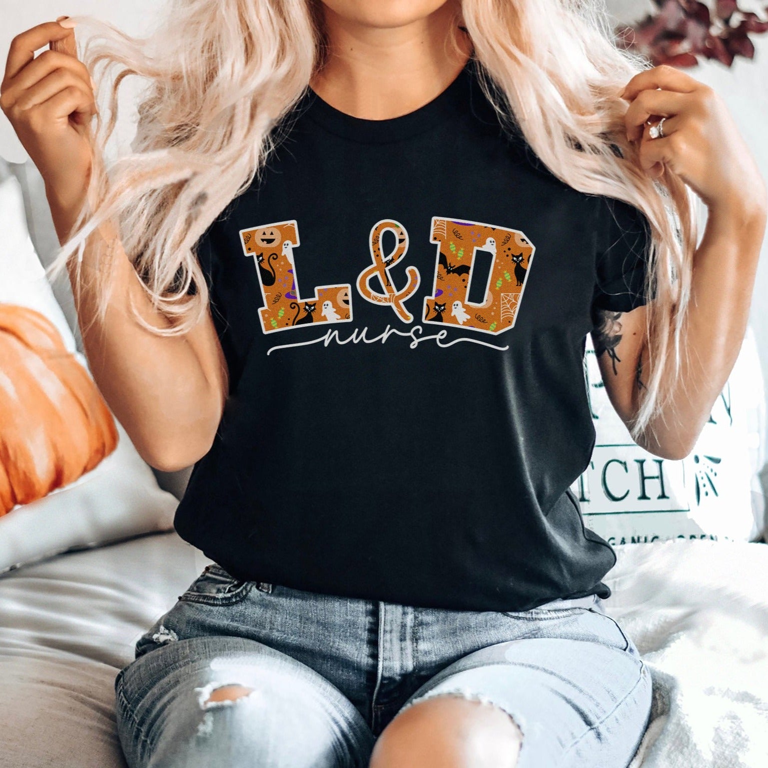 L_Dhalloweenfilledblack L&D Nurse Halloween T-Shirt - Image 2