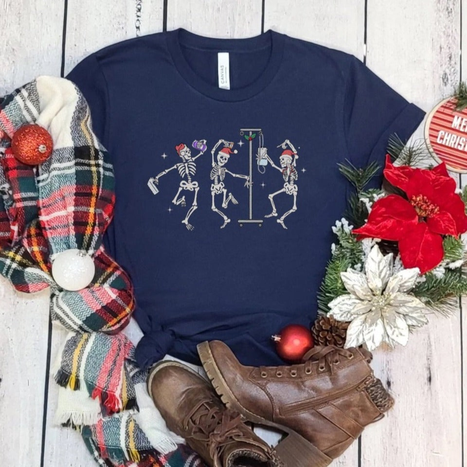 christmasnurseskeletonsnavy2 Christmas Nurse Skeletons T-Shirt - Image 5