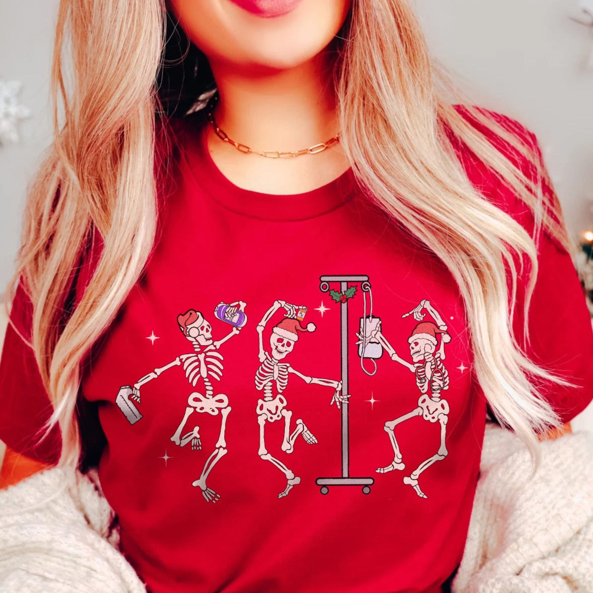 christmasnurseskeletonsred3 Christmas Nurse Skeletons T-Shirt - Image 4
