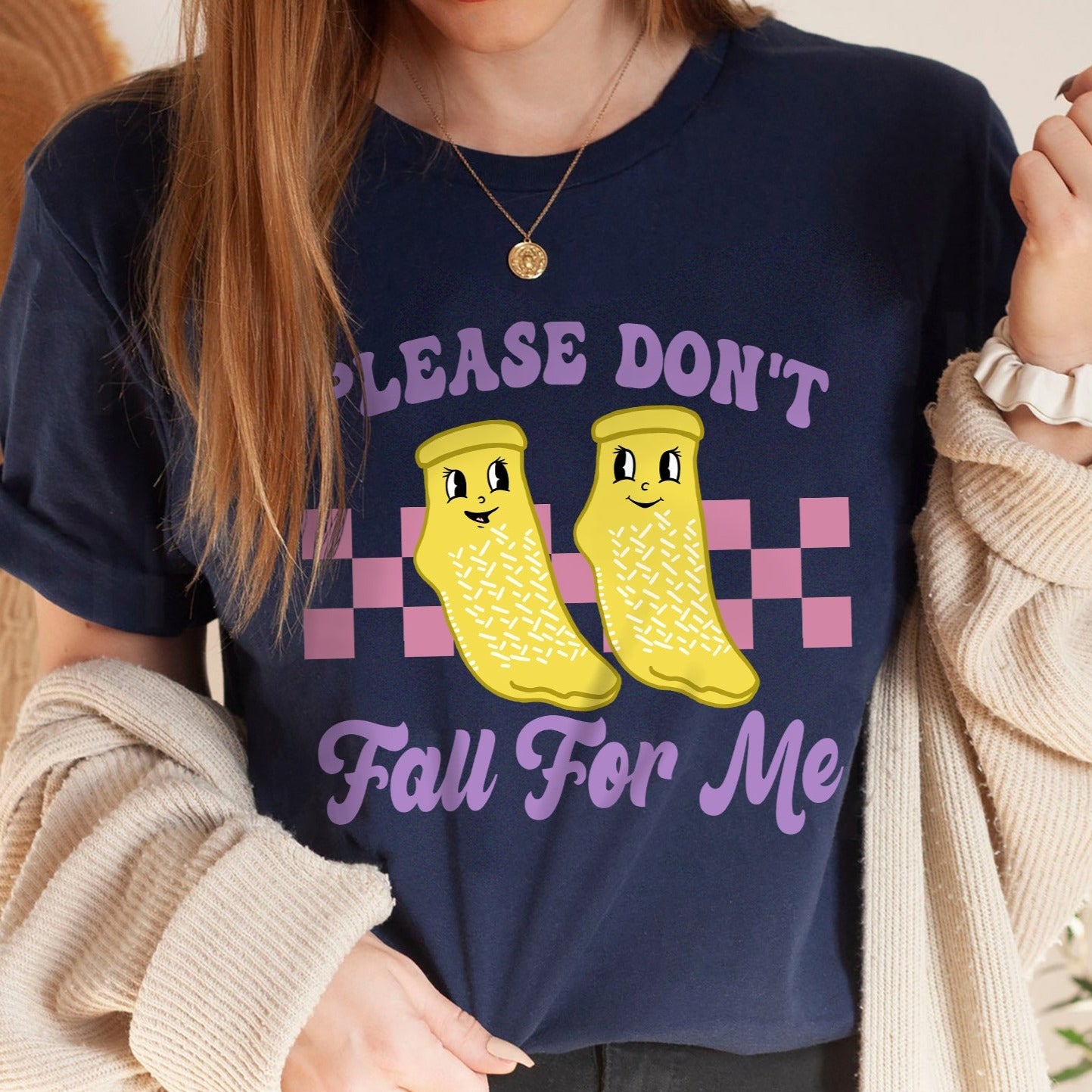 dontfallformenavy Don't Fall For Me Yellow Grippy Socks T-Shirt - Image 5