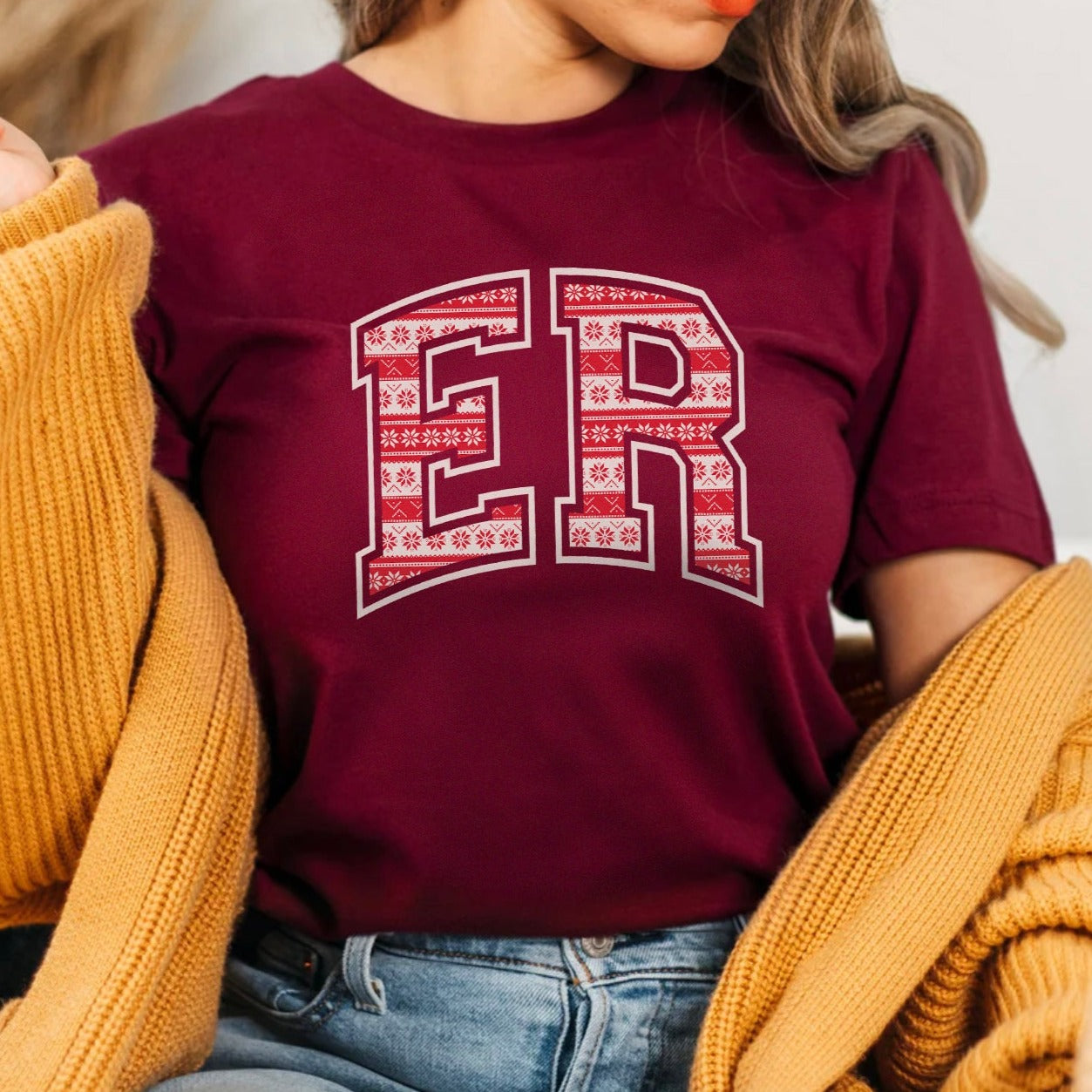 erchristmaslettermanmaroon ER Christmas Letterman T-Shirt - Image 2
