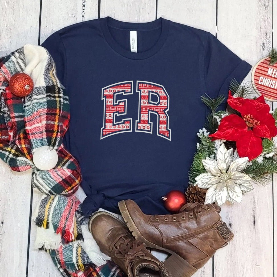 erchristmaslettermannavy ER Christmas Letterman T-Shirt - Image 5