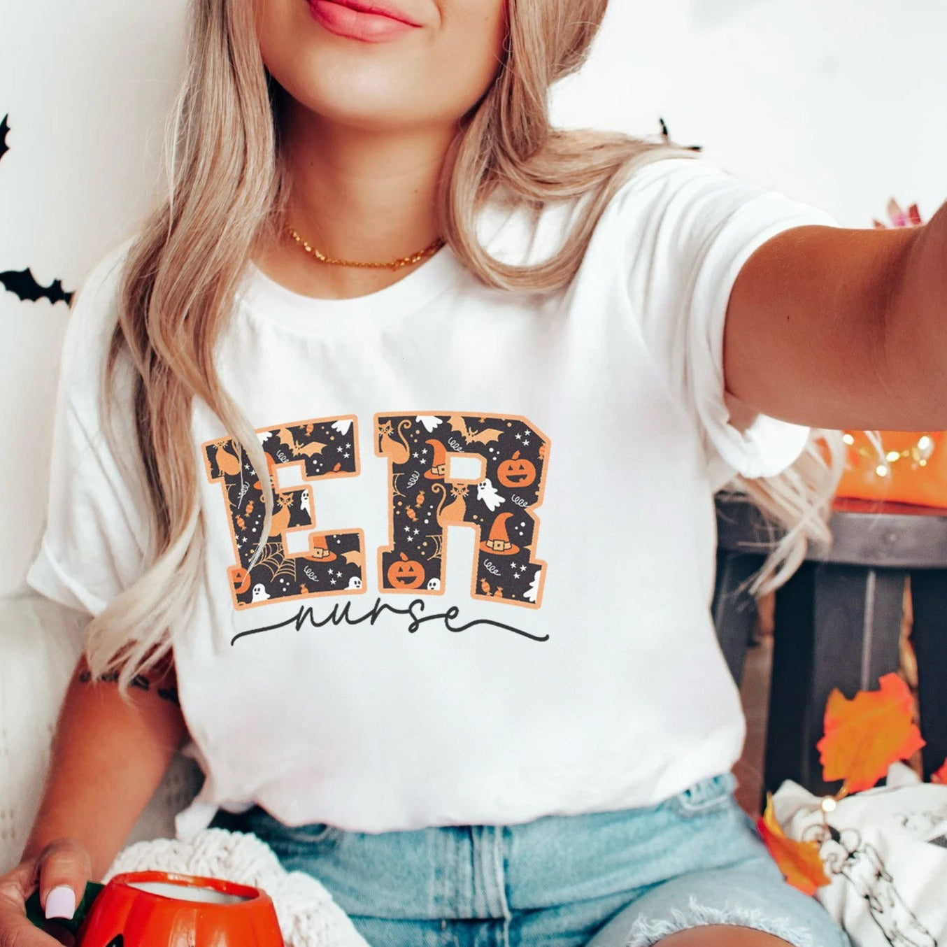 ernursehalloweenfilledwhite ER Nurse Halloween T-Shirt - Image 1