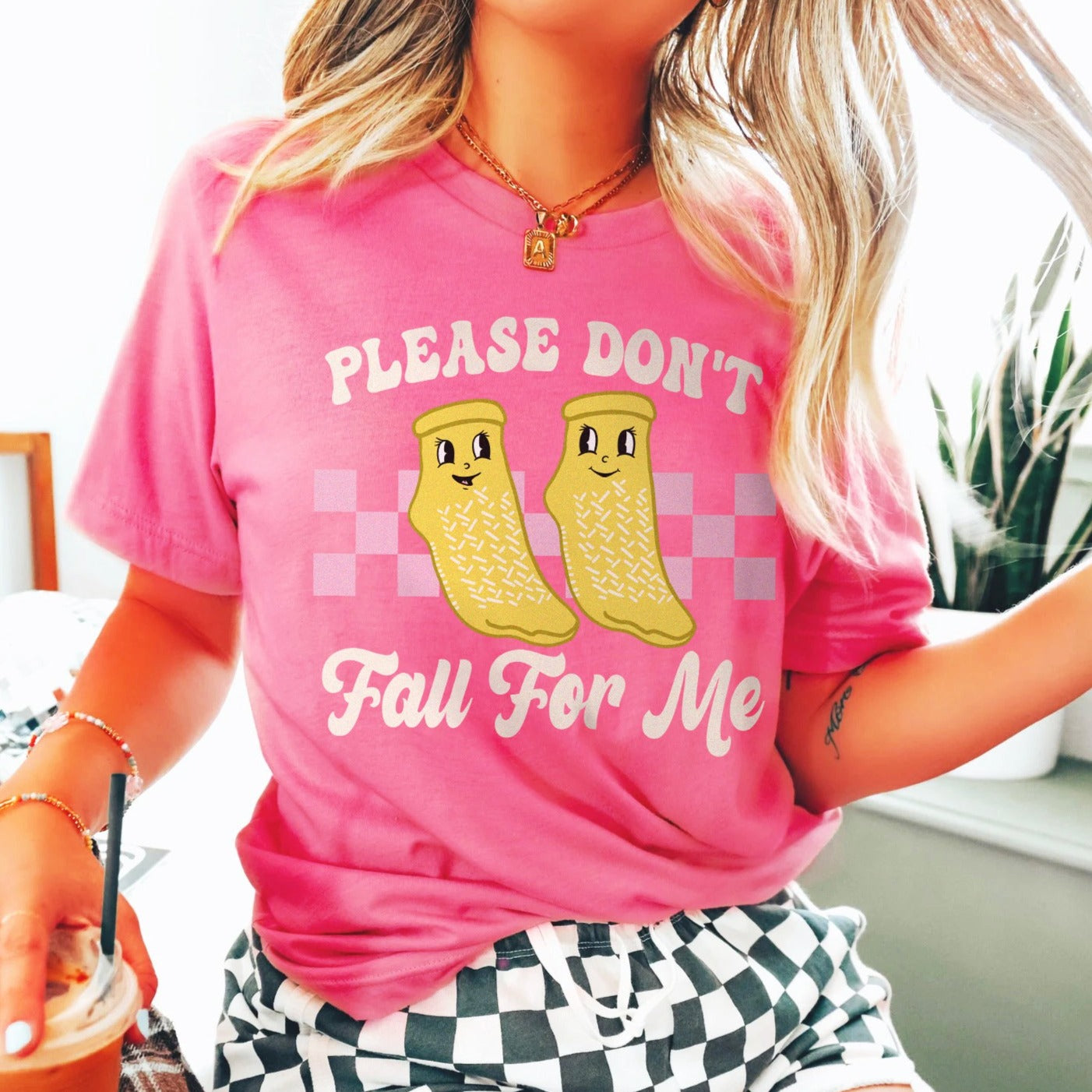 fallformedpink Don't Fall For Me Yellow Grippy Socks T-Shirt - Image 8