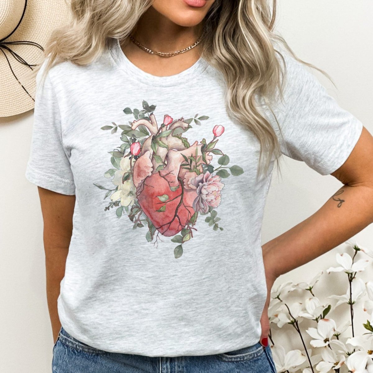 Watercolor Floral Anatomical Heart T-Shirt - Image 5
