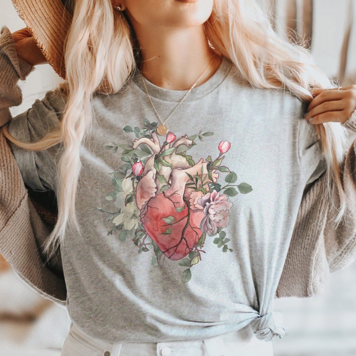 Watercolor Floral Anatomical Heart T-Shirt - Image 8