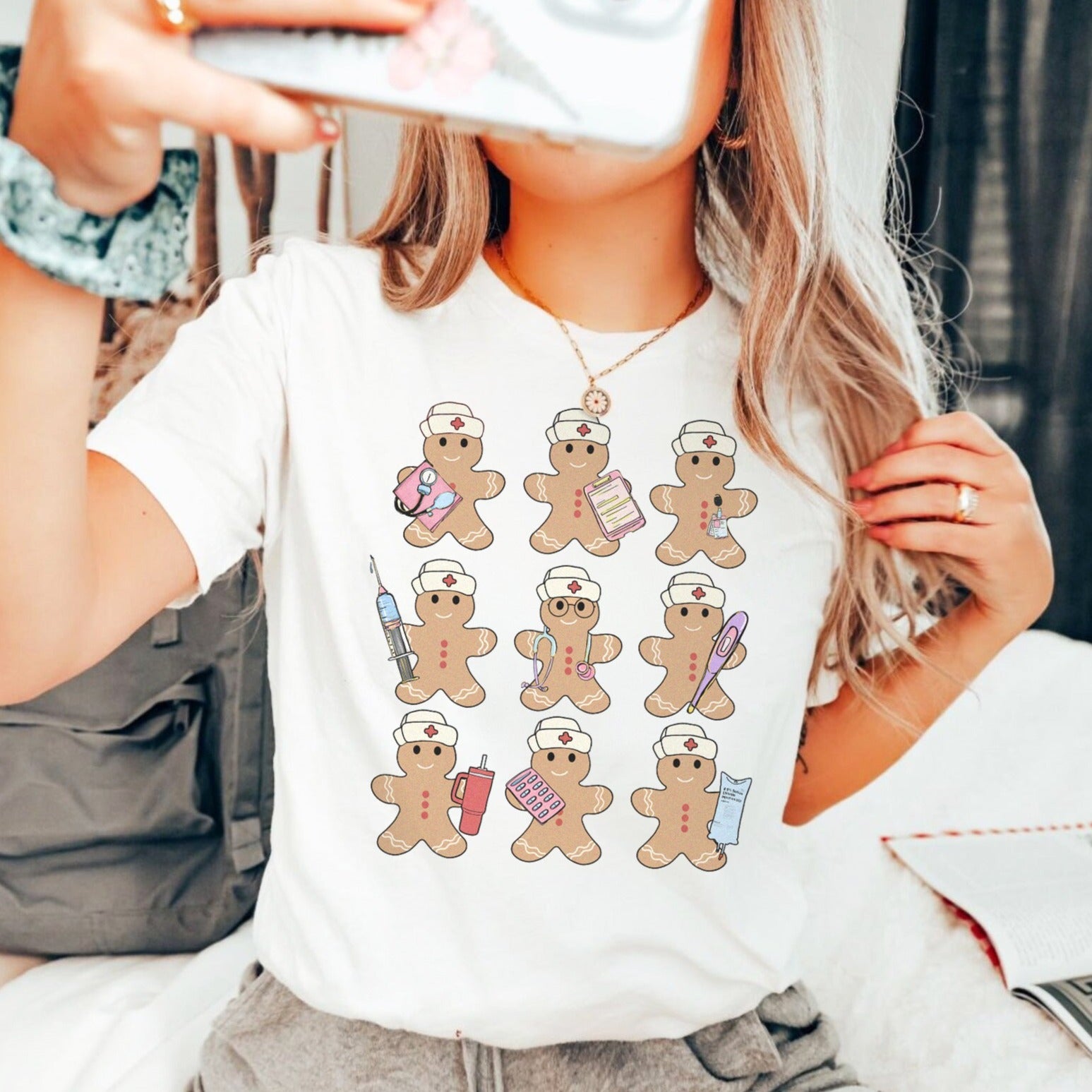 gingerbreadinarowwhite Gingerbread Nurses in a Row T-Shirt - Image 2