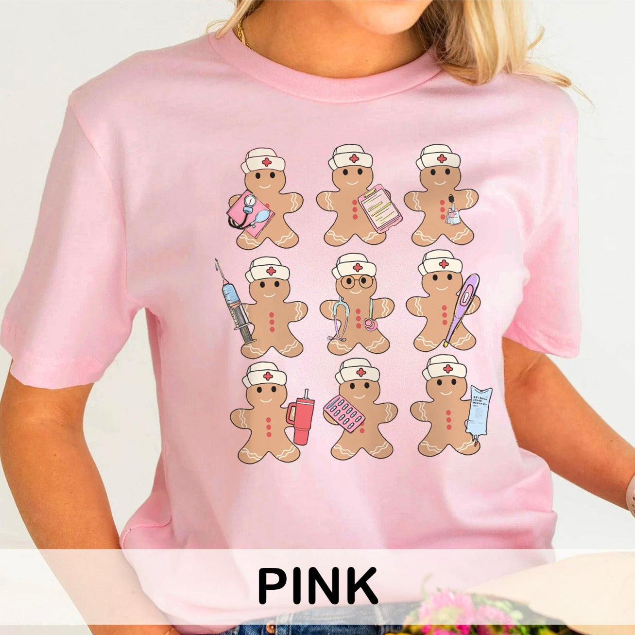 gingerbreadnursesinarowcolors_c38c55d1-688c-4648-af93-a5f681a9277e Gingerbread Nurses in a Row T-Shirt - Image 7