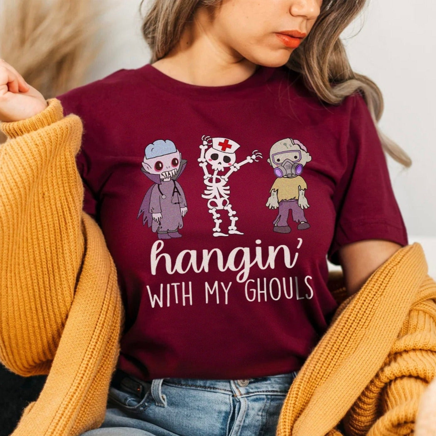 hanginghoulsnursemaroon Hangin' with my Ghouls Healthcare Worker T-Shirt - Image 1