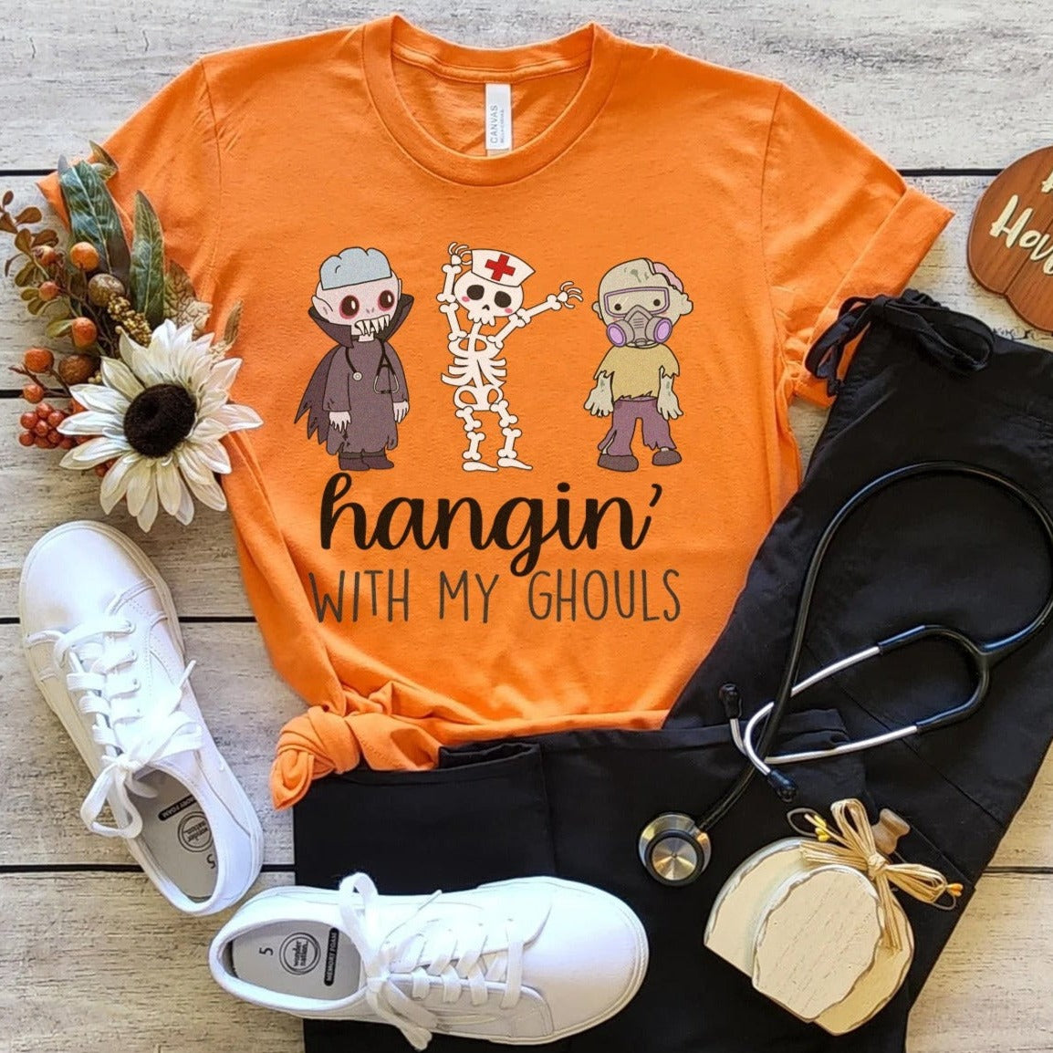 hanginghoulsorangenurse Hangin' with my Ghouls Healthcare Worker T-Shirt - Image 3