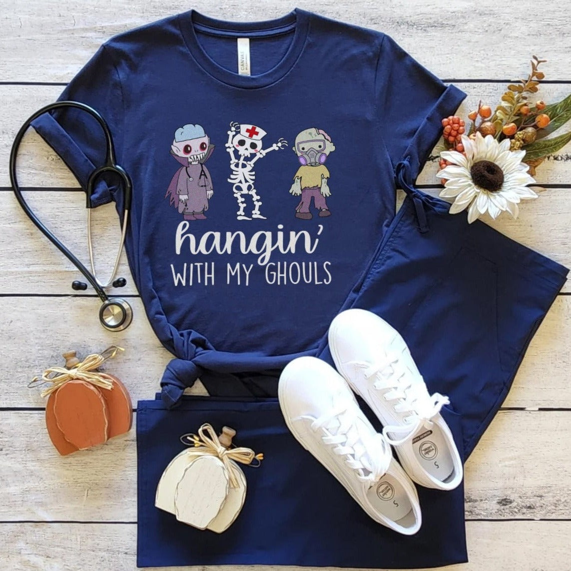 hangingwithghoulsnavy Hangin' with my Ghouls Healthcare Worker T-Shirt - Image 6
