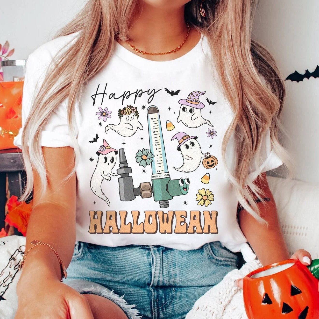 happyhalloweenghostswhite Happy Hallowean Flow Meter T-Shirt - Image 1