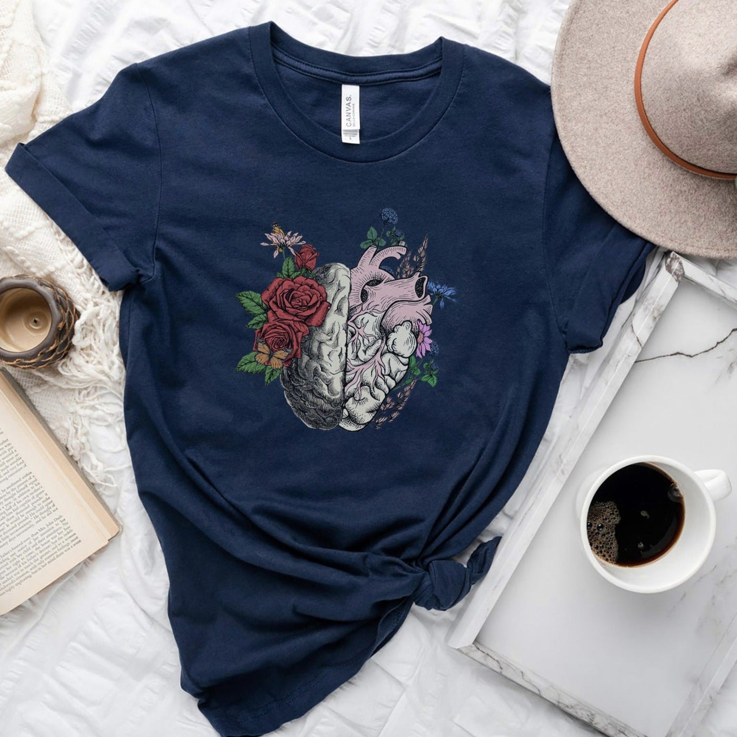 hartbrainflorfalnavy Floral Brain Heart Anatomy T-Shirt - Image 7
