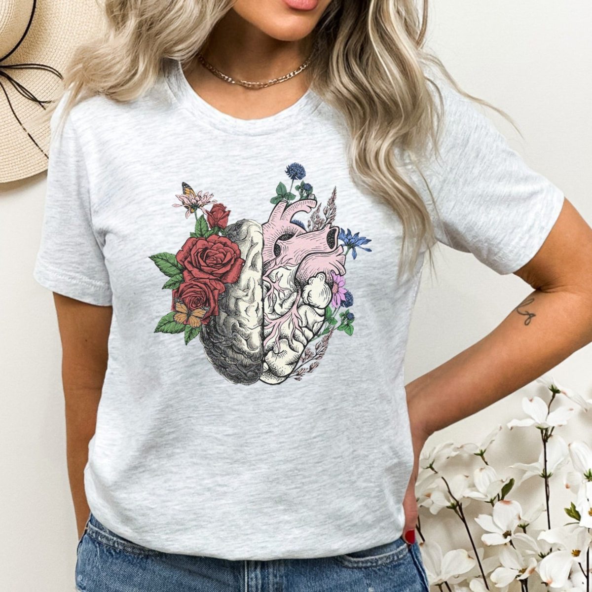 Floral Brain Heart Anatomy T-Shirt - Image 5