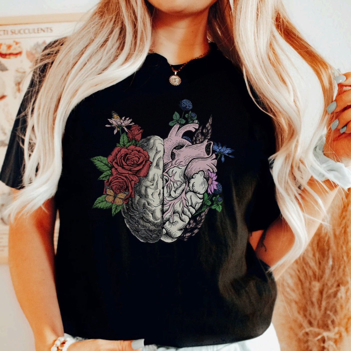 heartbrainfloralblack Floral Brain Heart Anatomy T-Shirt - Image 1