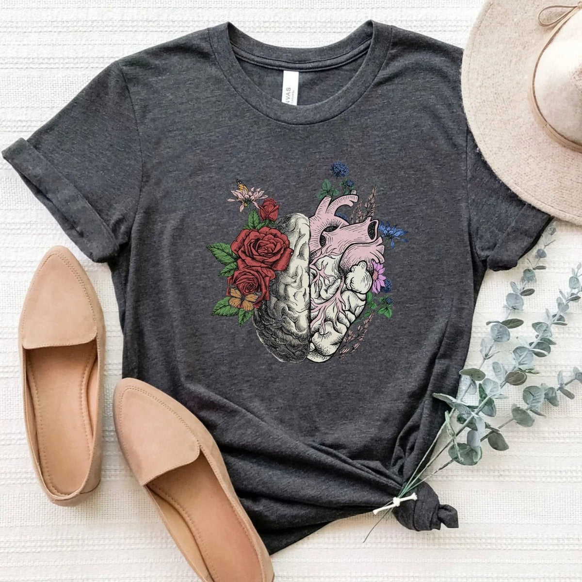 heartbrainfloraldarkgray Floral Brain Heart Anatomy T-Shirt - Image 3