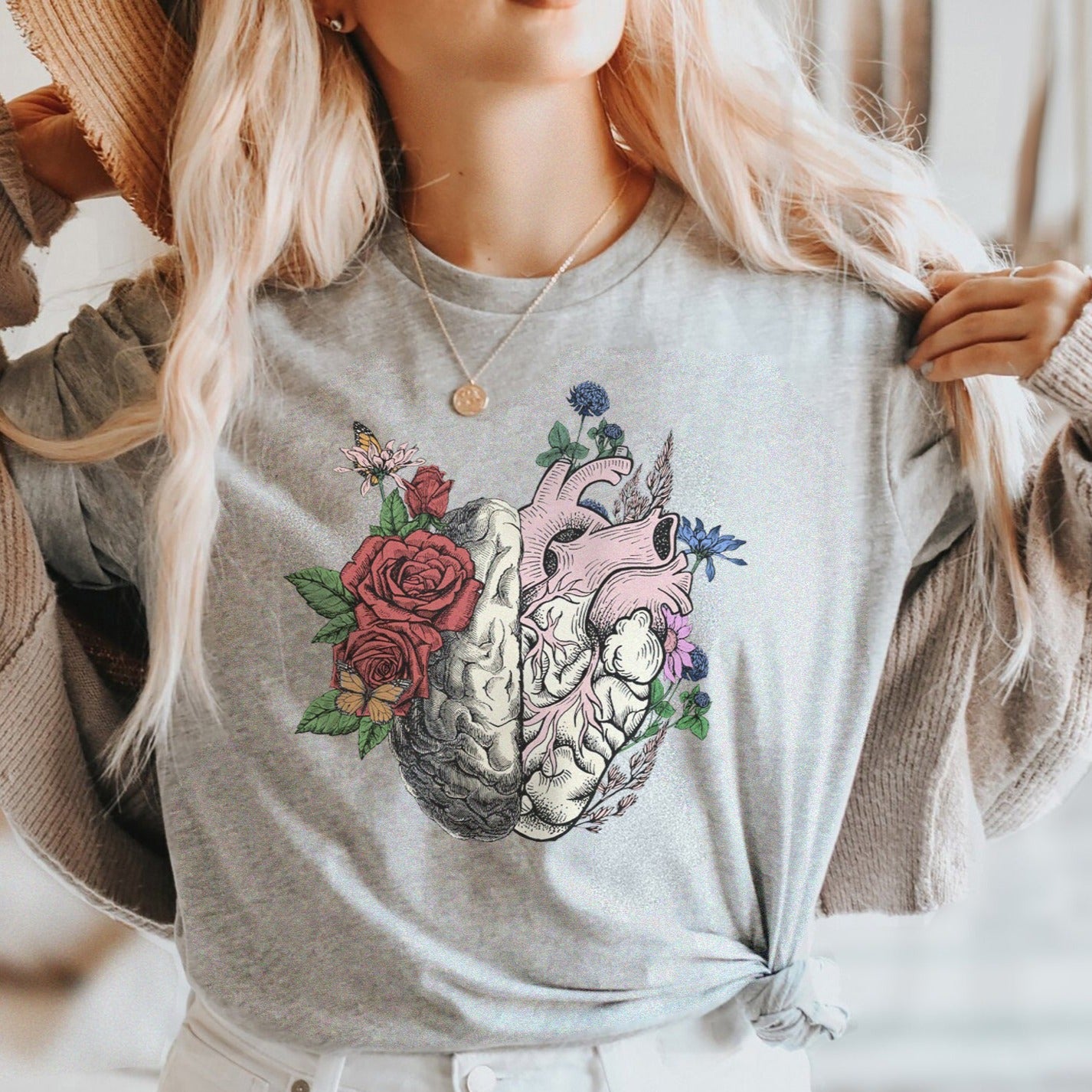 heartbrainfloralgray Floral Brain Heart Anatomy T-Shirt - Image 6