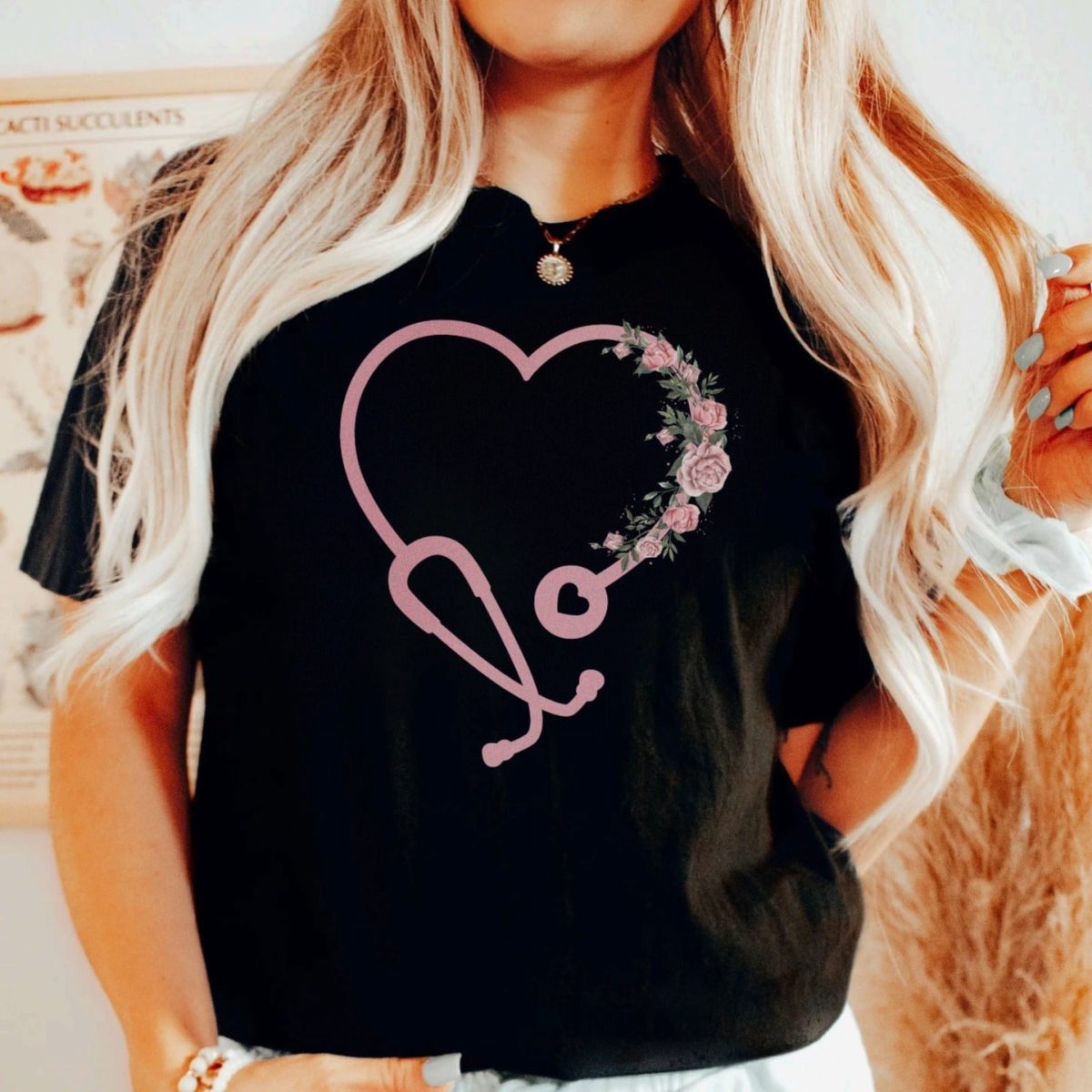 Floral Heart Stethoscope T-Shirt - Image 2