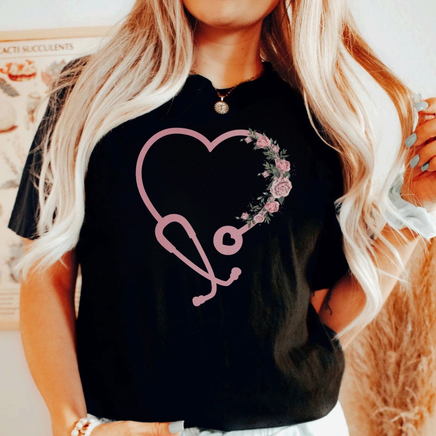 heartstethoscopeblack Floral Heart Stethoscope T-Shirt - Image 2