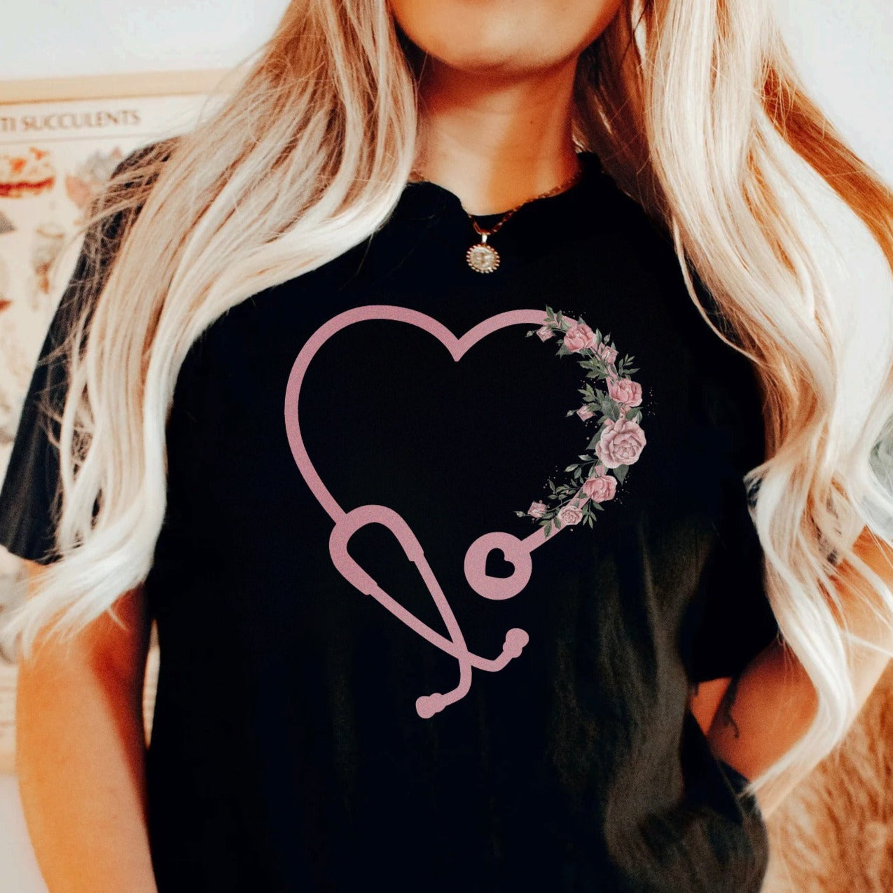 heartstethoscopeblack_123d7c99-07ad-43c1-9a79-adb6b4178546 Floral Heart Stethoscope T-Shirt - Image 1