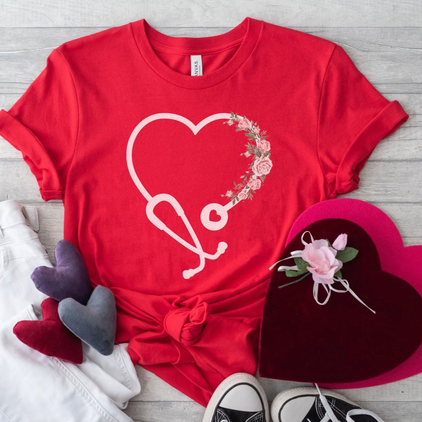 heartstethoscopered Floral Heart Stethoscope T-Shirt - Image 3