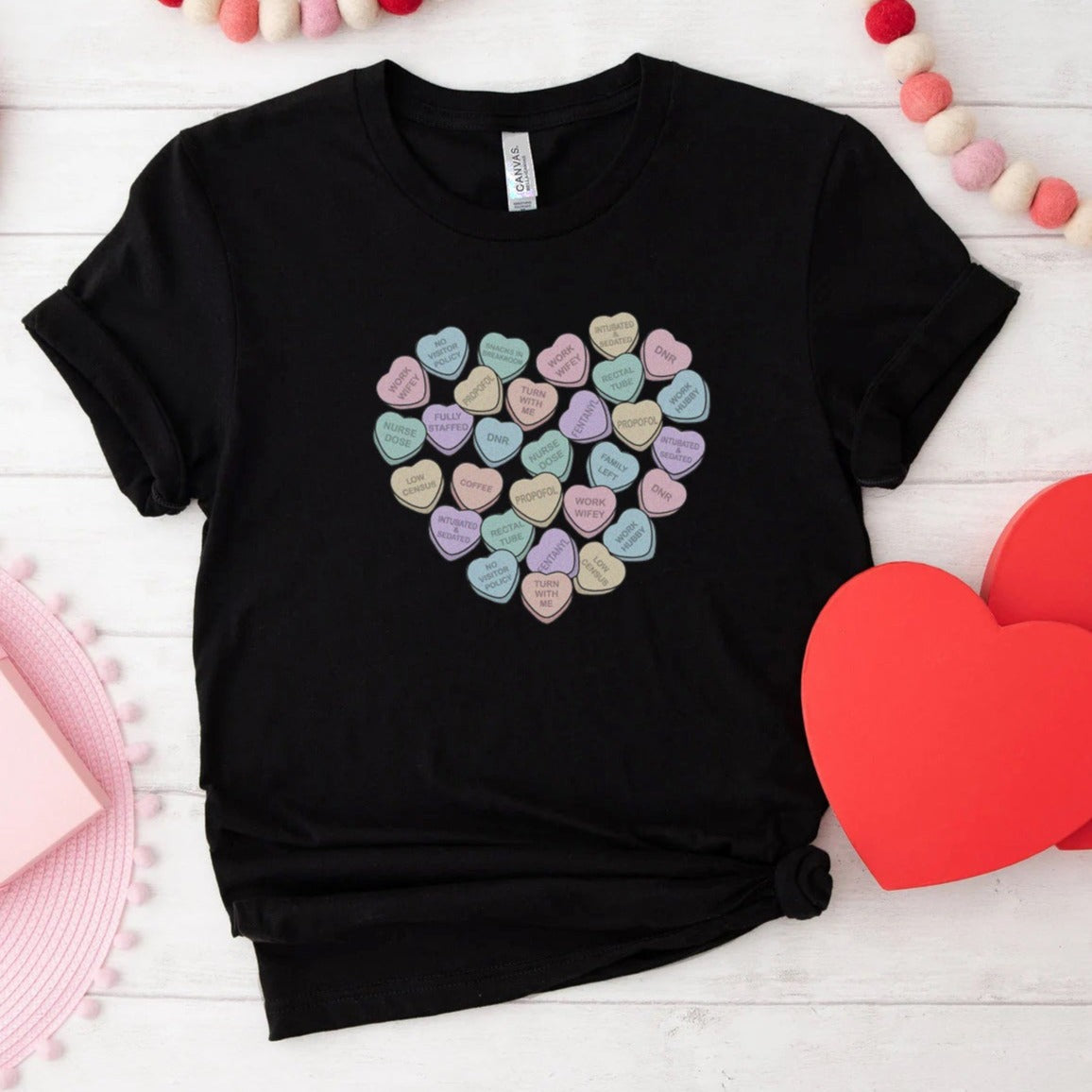 icuconversationheartsblack ICU Nurse Conversation Hearts T-Shirt - Image 8