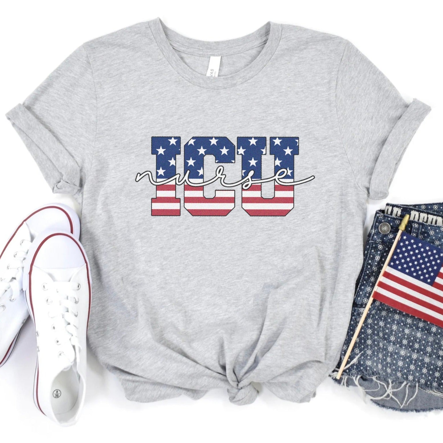 icunursejuly4thgray Stars & Stripes ICU Nurse T-Shirt - Image 5