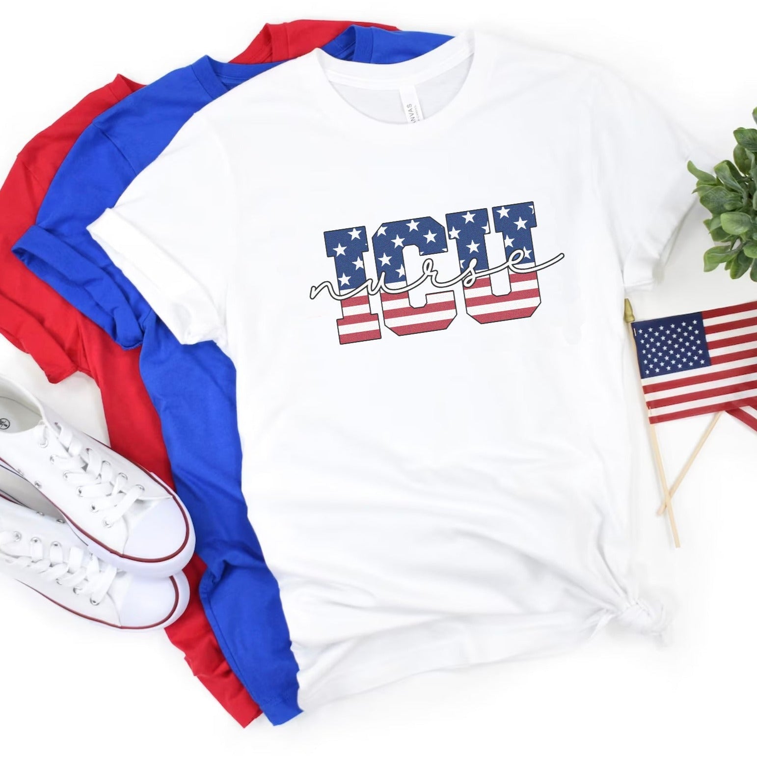icunursejuly4thwhite Stars & Stripes ICU Nurse T-Shirt - Image 9