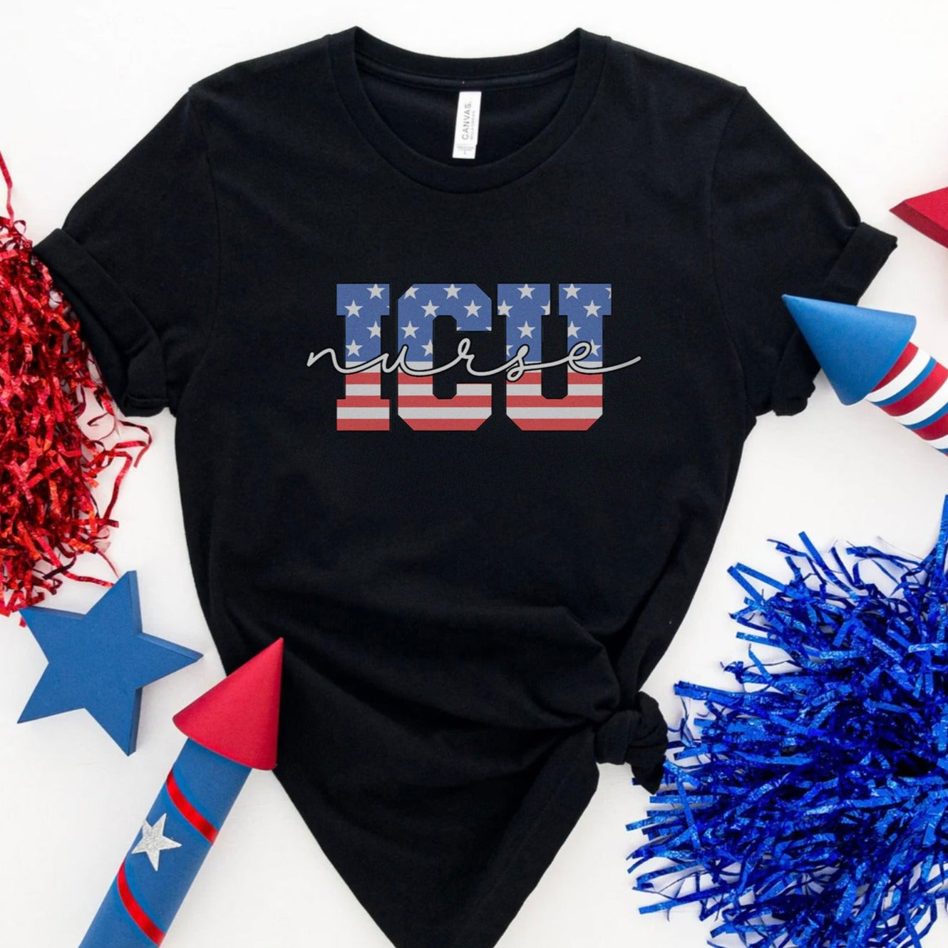 july4thicunurseblack Stars & Stripes ICU Nurse T-Shirt - Image 4