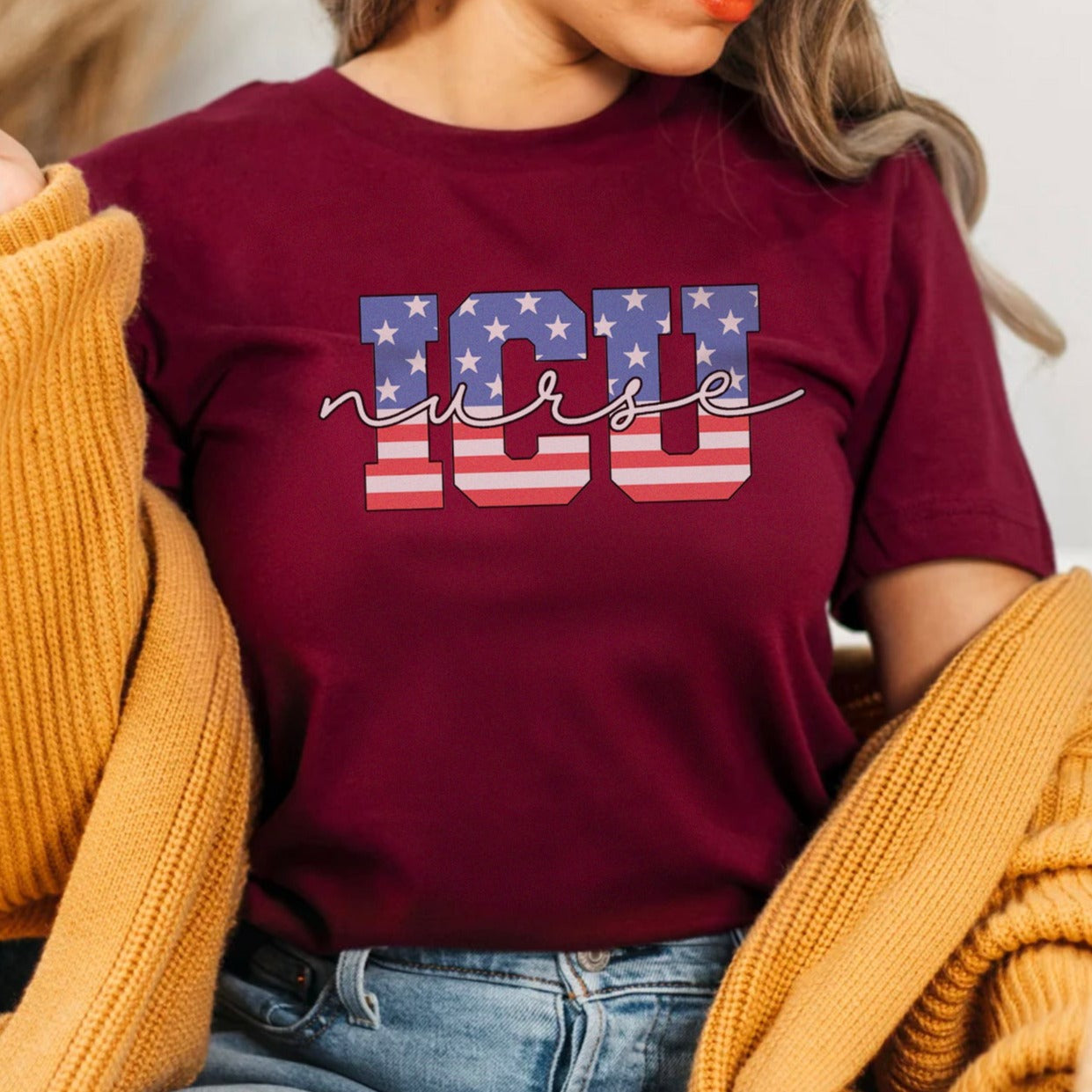 july4thicunursemaroon Stars & Stripes ICU Nurse T-Shirt - Image 2