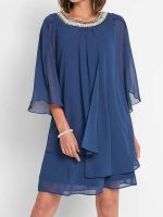 Blue 3/4 Sleeve Plain Mini Dress - Image 2