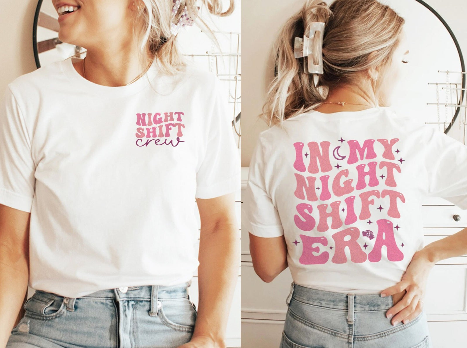 nightshifterafrontandbackwhite In My Night Shift Era (Design on Back) T-Shirt - Image 2