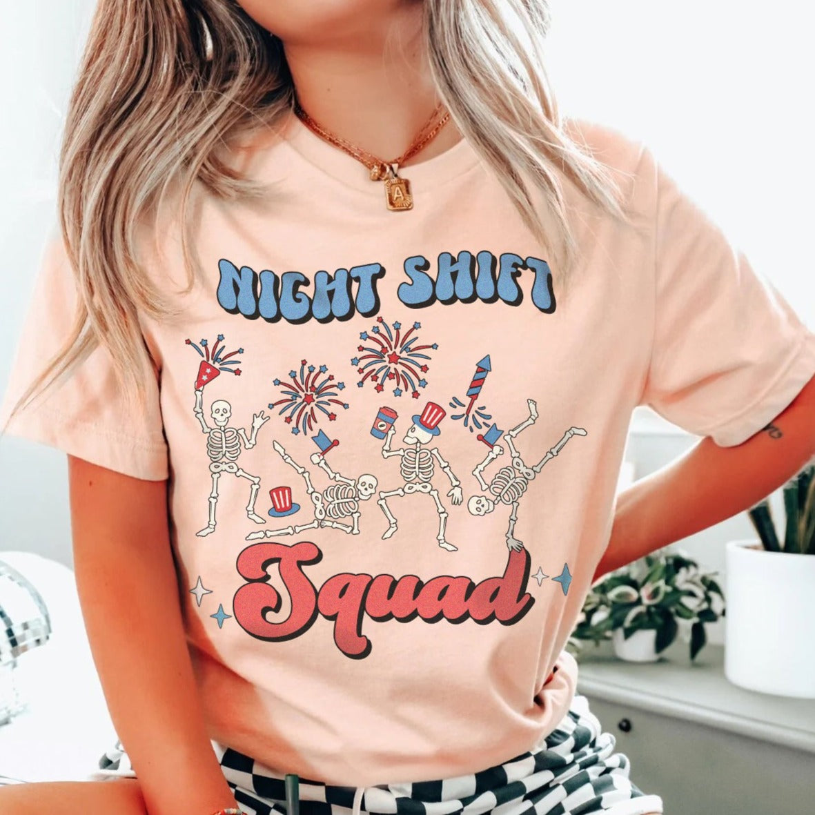 nightshiftsquadjuly4thpeach Night Shift July 4th Skeletons T-Shirt - Image 4