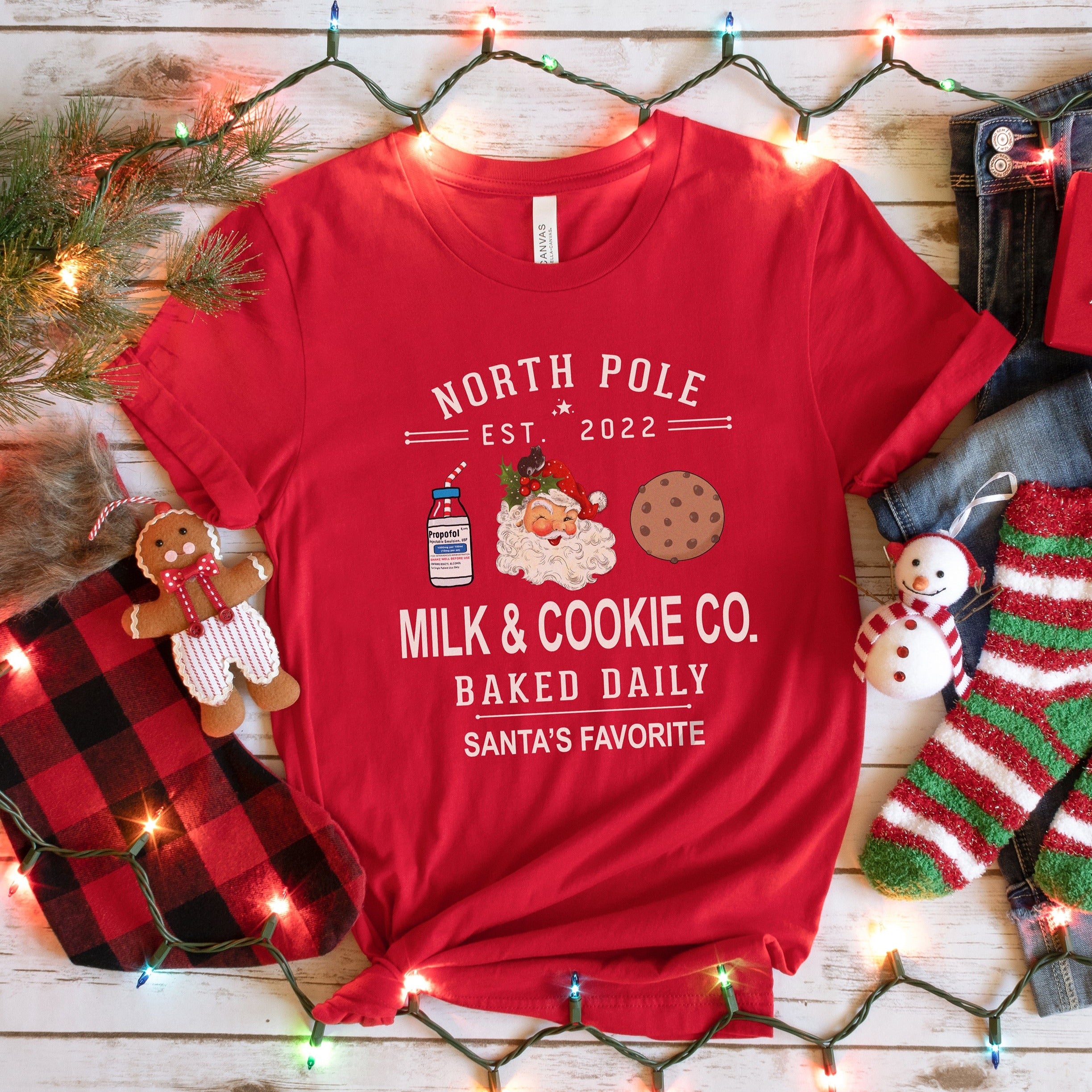 propofolmilkcookiecoxmasred North Pole Milk & Cookie Co. T-Shirt - Image 4