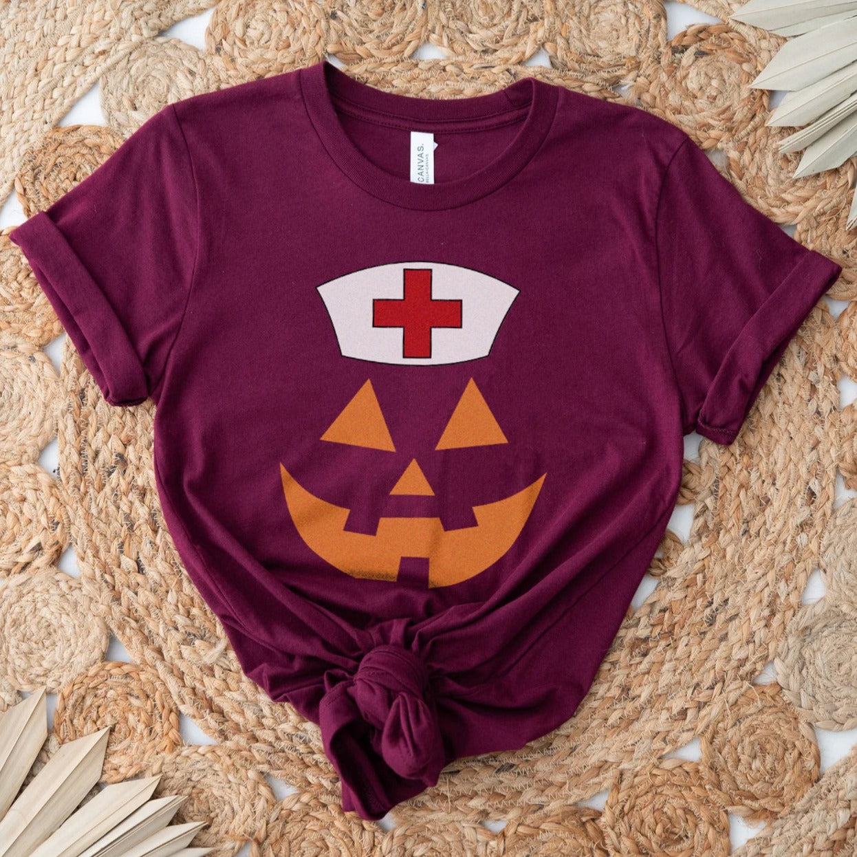 pumpkinfacenursemaroon Jack-o-lantern Nurse T-Shirt - Image 2