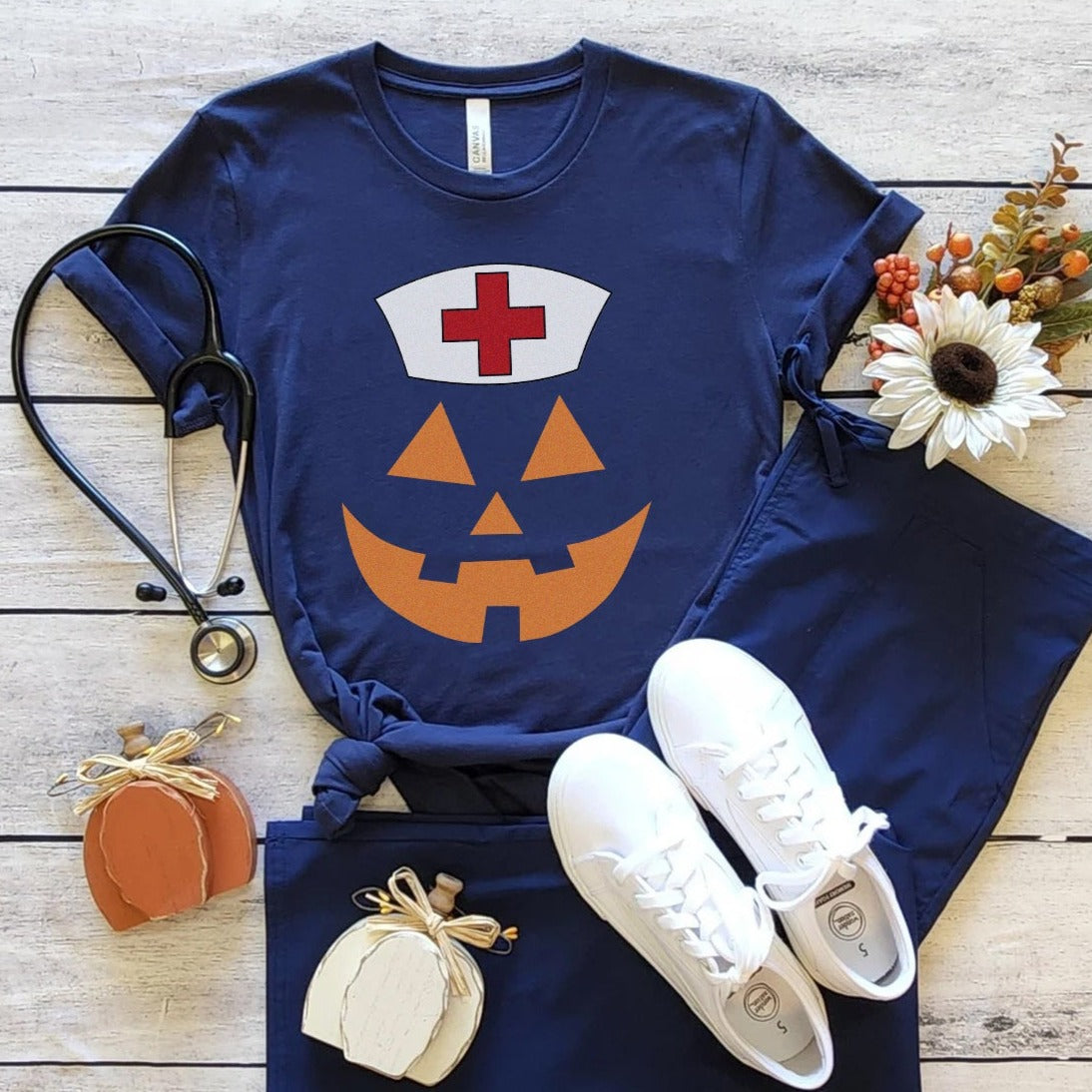 pumpkinfacenursenavy Jack-o-lantern Nurse T-Shirt - Image 3