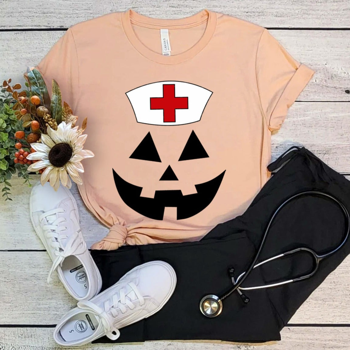 pumpkinfacenursepeach Jack-o-lantern Nurse T-Shirt - Image 4