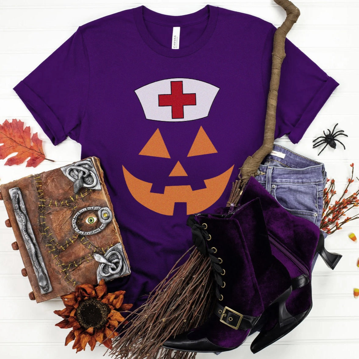 pumpkinfacenursepurple Jack-o-lantern Nurse T-Shirt - Image 5